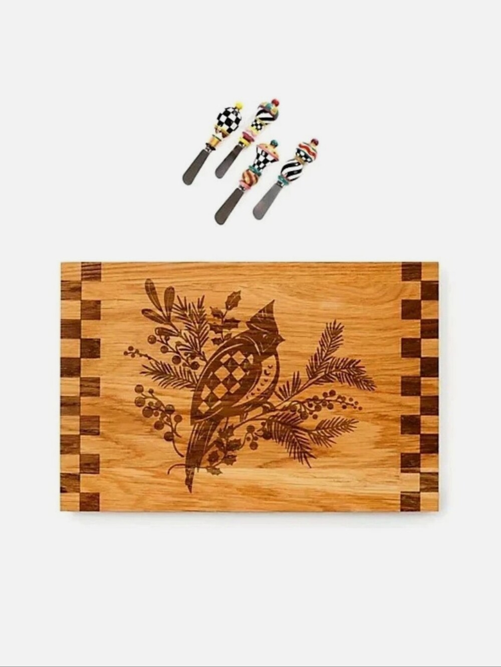 NIB Mackenzie-Childs Cardinal Wood Serving Board & Jubilee Canape Knife Set